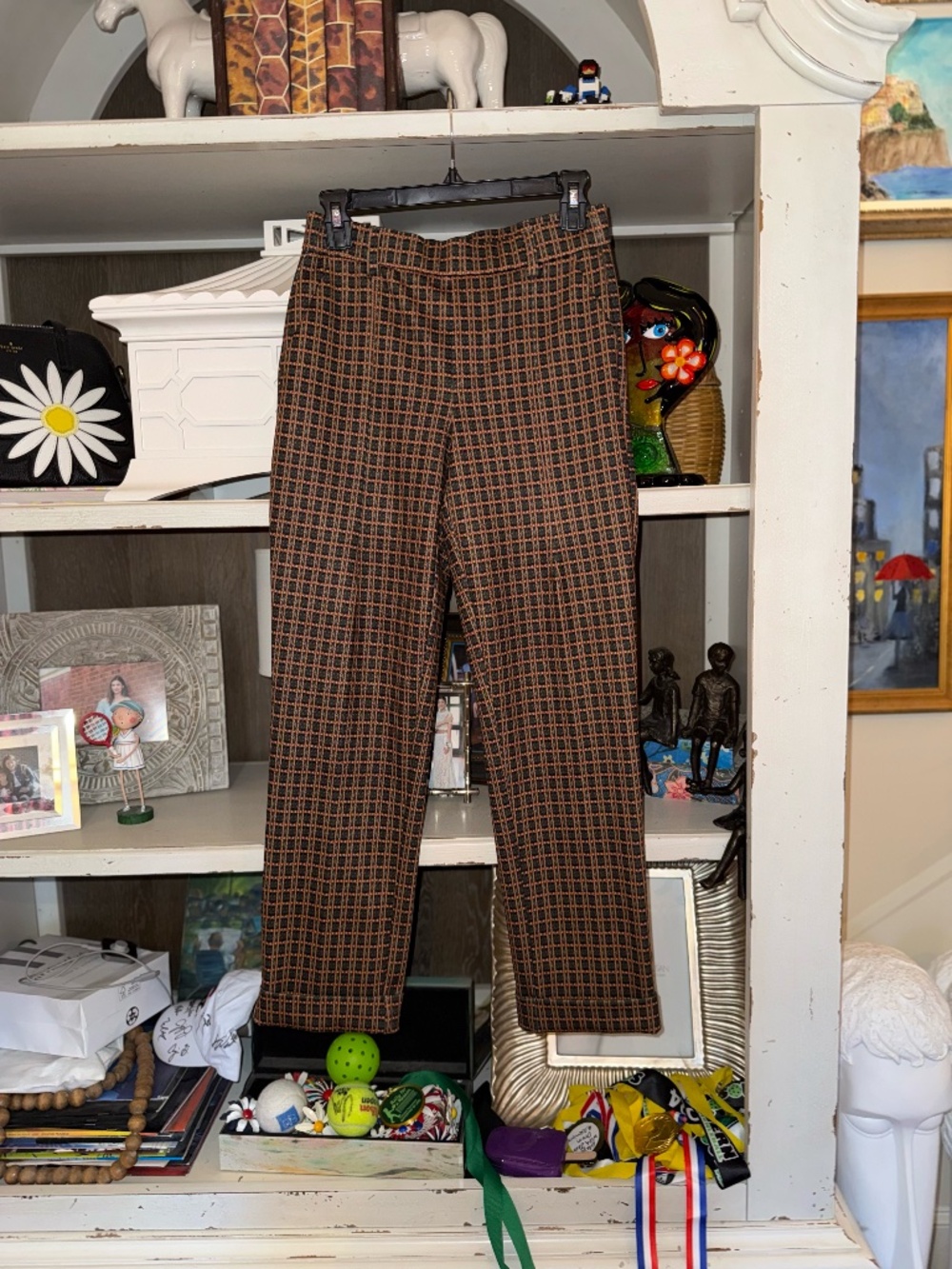 Ecru womens Small S cuff stretchy plaid pants